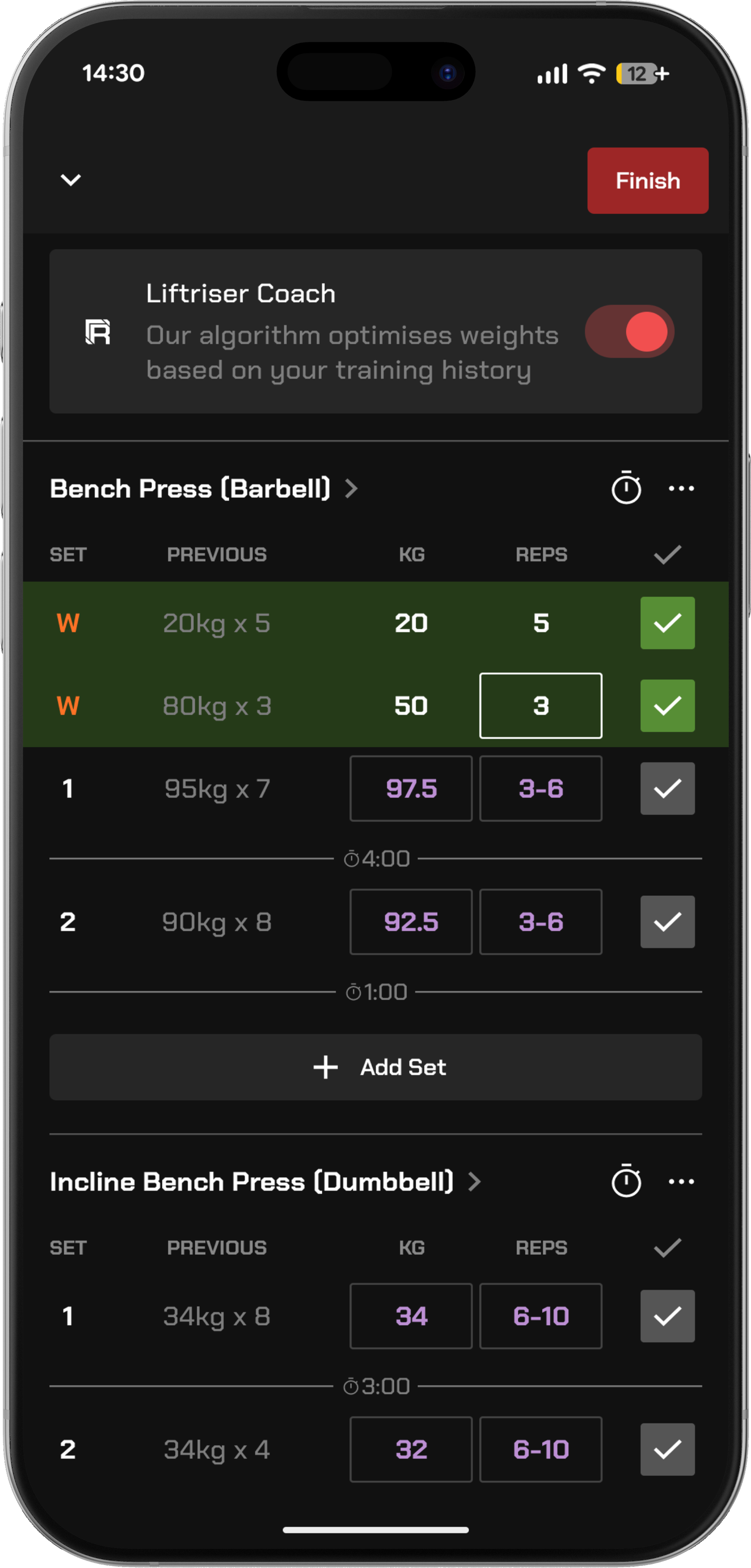 Liftriser Coach screen showing weight and rep recommendations for each set