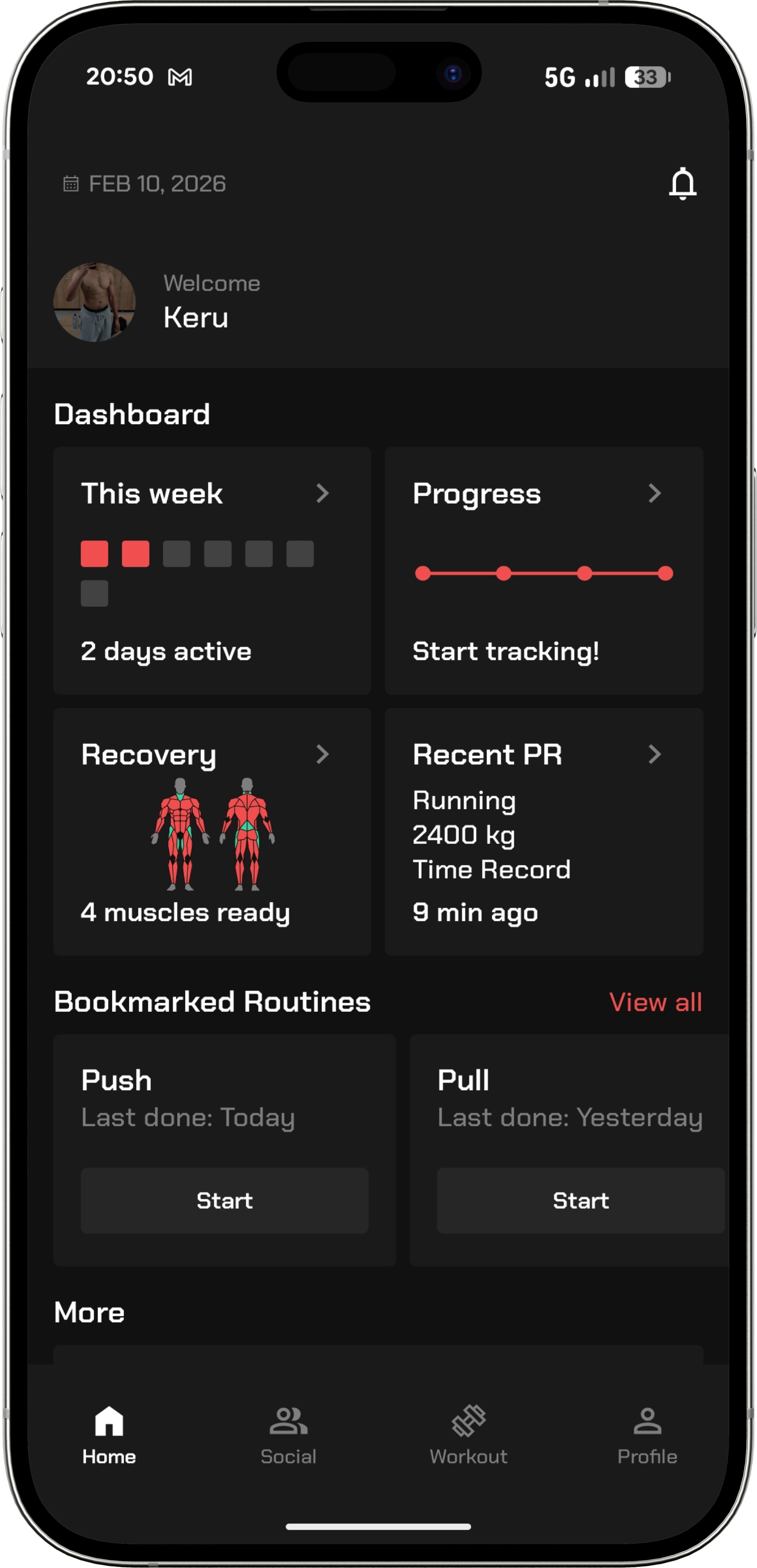 Liftriser app home screen with workout overview