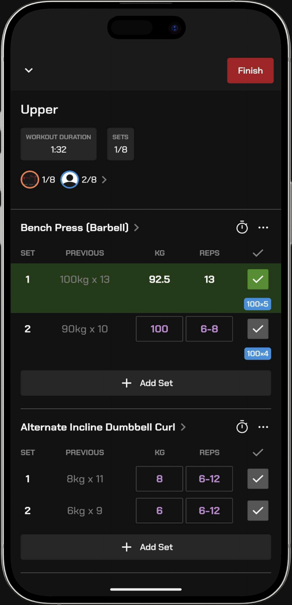 A live Co-op workout showing where each friend is in the session