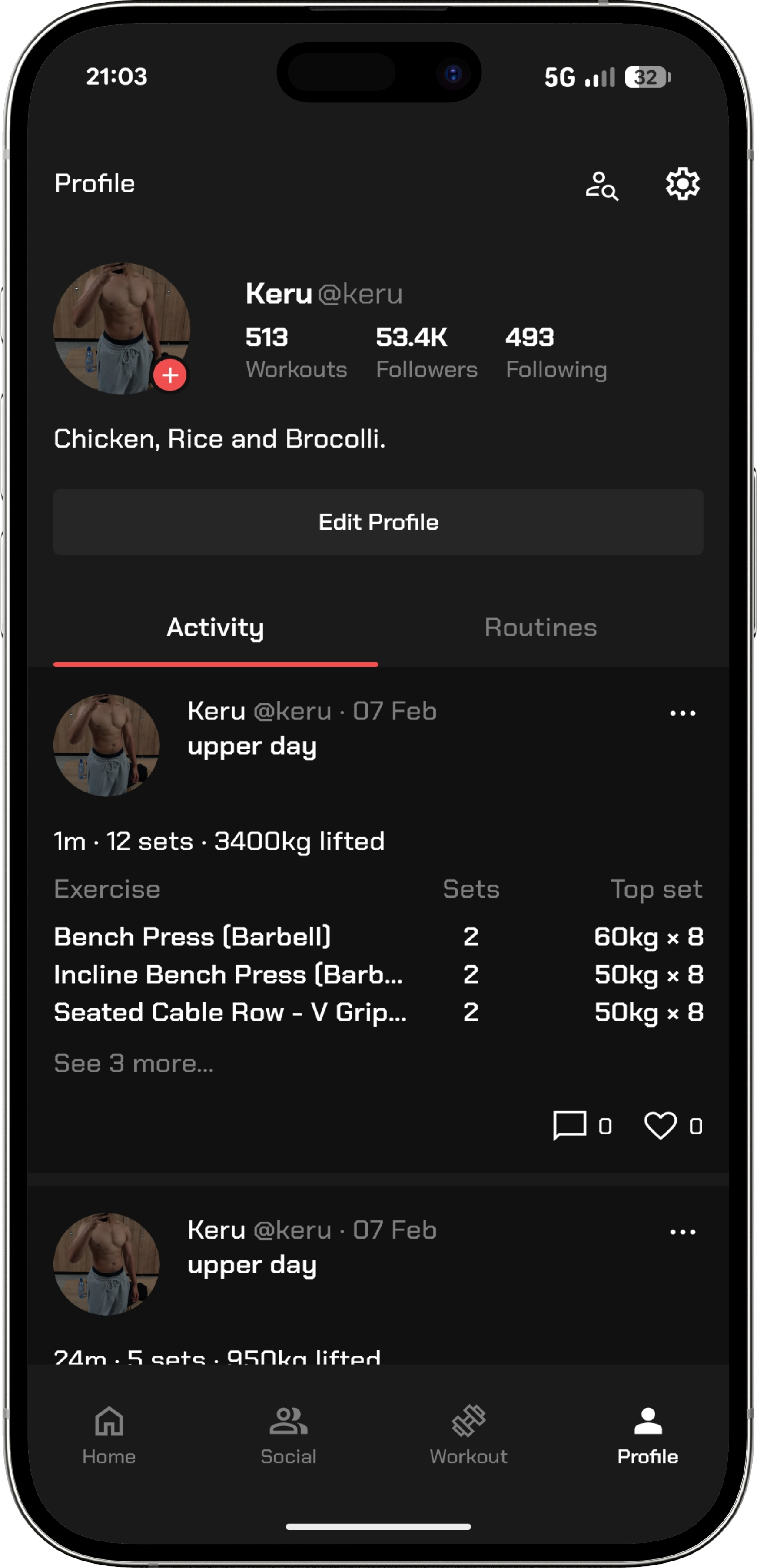 User profile screen showing workout history and social features
