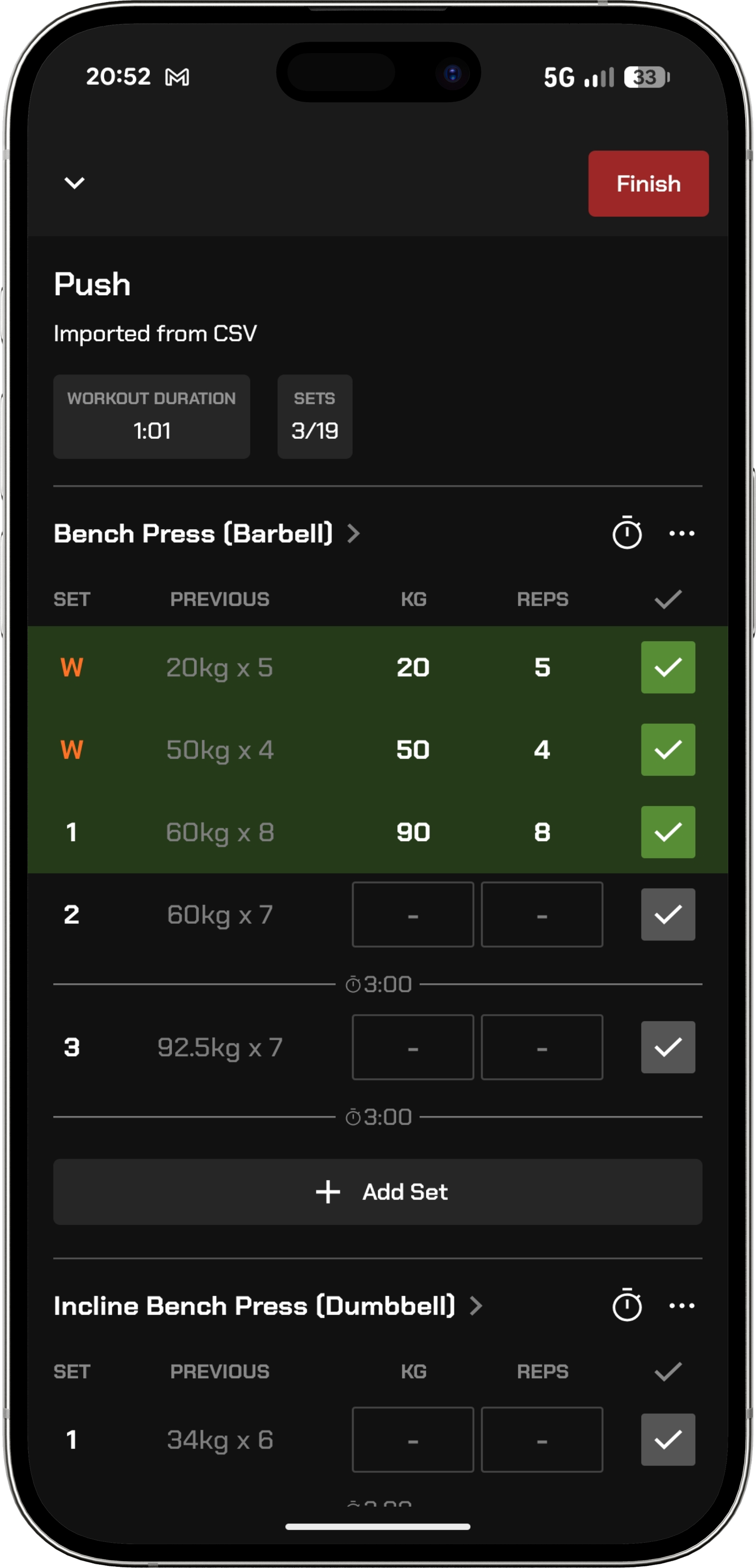 Active workout tracking screen showing exercises and sets